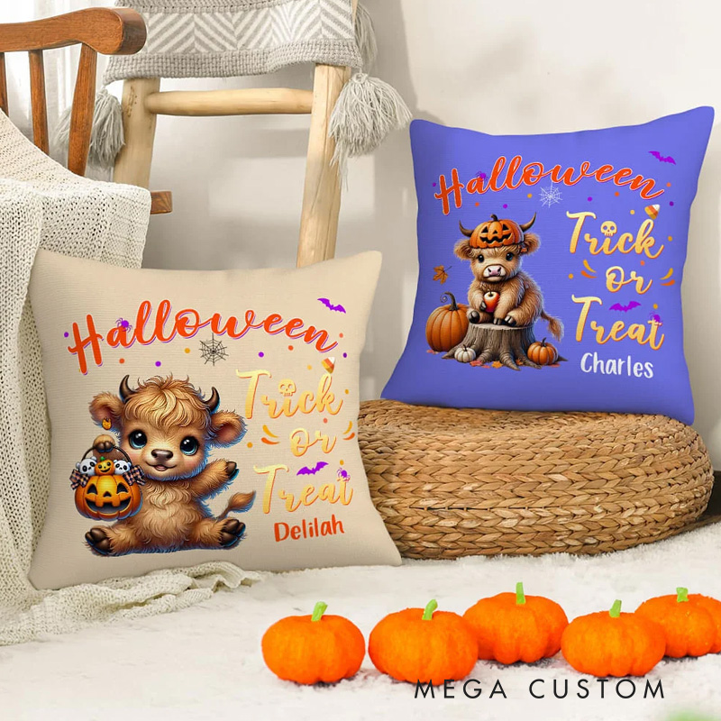 Personalized Pumpkins Highland Cow Soft Throw Pillow Cover with Name Home Decor Halloween Housewarming Gift for Family Friend