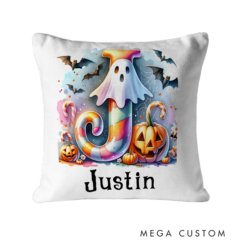 Personalized Ghost Pumpkin Initial Jute Pillow with Name Trick or Treat Activity Halloween Gift for Boys Girls