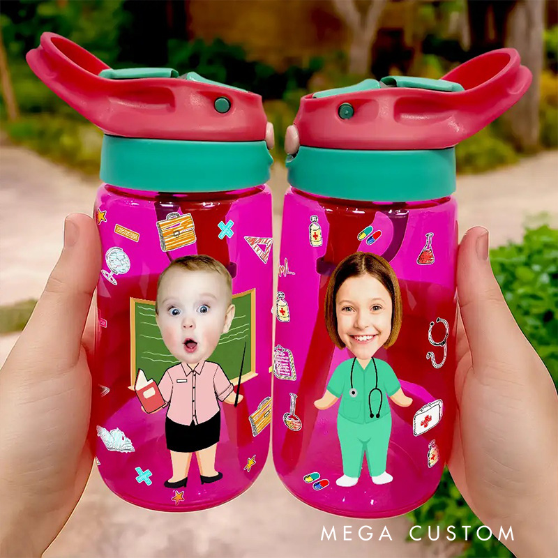 Personalized Photo Face Kids Water Bottle with Custom Character Outfits for Fun and Unique Hydration Experience