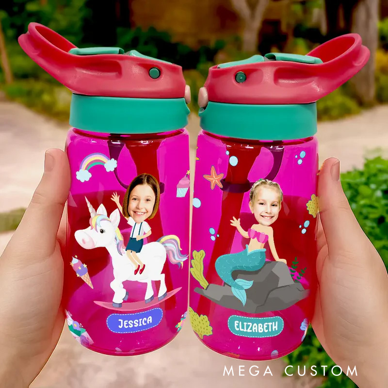 Personalized Adventure Kids Water Bottle with Custom Photo Face and Name for Fun Hydration