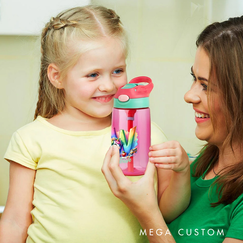 Personalized Watercolor Fantasy Unicorn Initial Apple 16 oz Water Bottle with Name Outdoor Supplies Back to School Birthday Gift for Kids