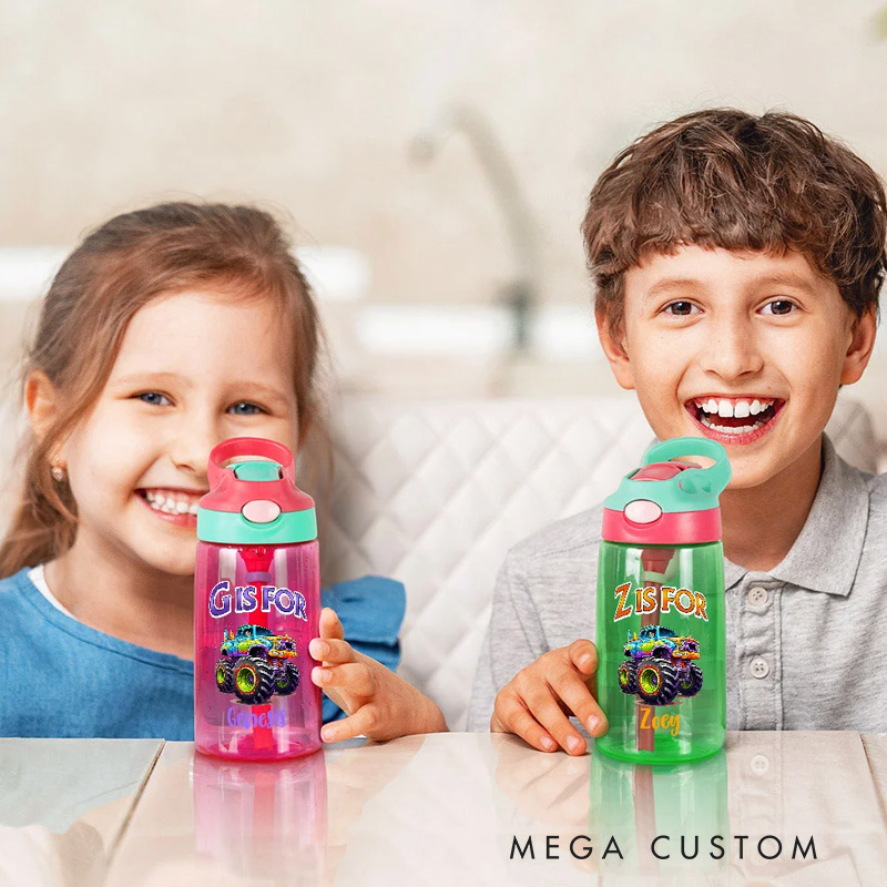 Personalized Extreme Stunt Truck 16 oz Kid Water Bottle with Straw Initial and Name Birthday Back to School Gift for Boys Girls