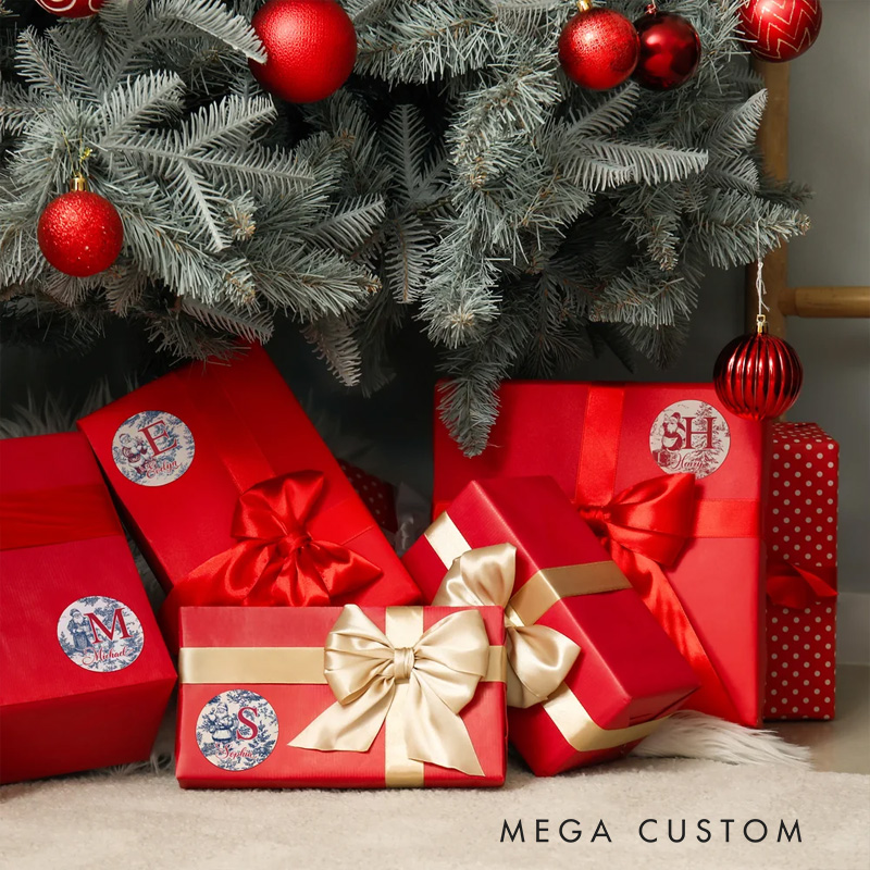 Personalized Toile De Jouy Style Santa Claus Waterproof Stickers with Name and Initial Christmas Festival Party Gift for Family Friends