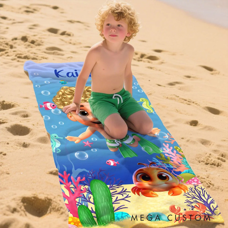 Personalized Cute 3D Diving Kid Sea Animal Quick Dry Soft Oversized Beach Towel with Name Summer Vacation Beach Party Birthday Gift for Boys Girls
