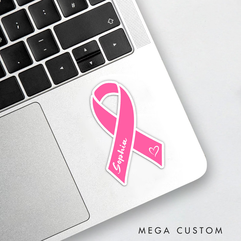 Personalized Pink Ribbon Sticker with Heart Accent for Breast Cancer Awareness and Supportive Style Stickers
