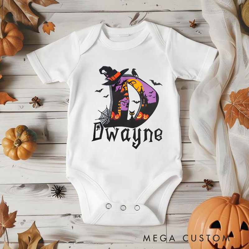 Personalized Halloween Witch Baby Bodysuit with Initial Letter and Spooky Elements Featuring Name for Festive Fun