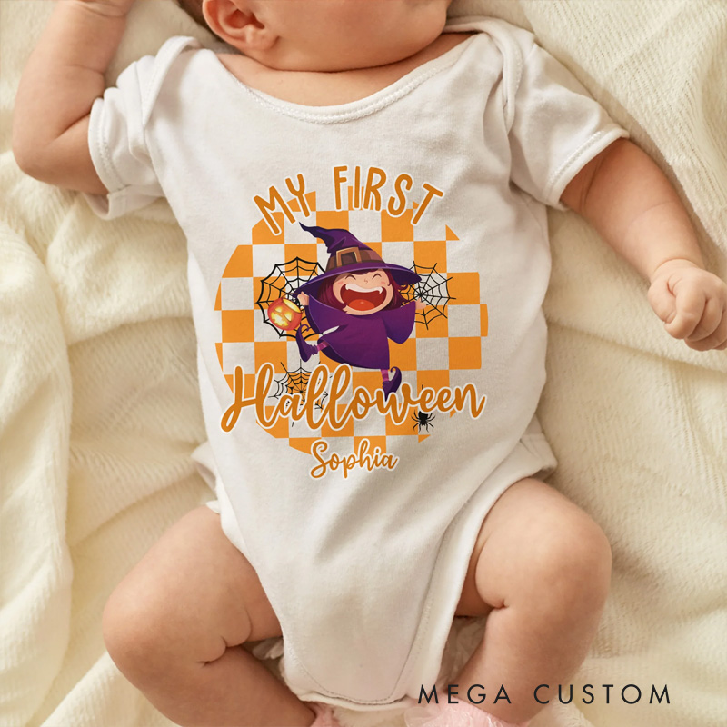 Personalized My First Halloween Baby Bodysuit with Cute Monster and Checkered Background Featuring Name