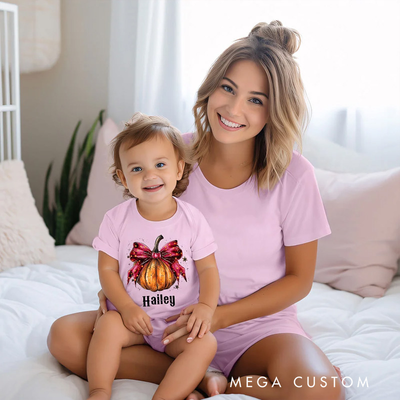 Personalized Pumpkin Bow Design 100% Cotton Baby Bodysuit with Name Halloween Baby Shower Gift for Baby Newborn