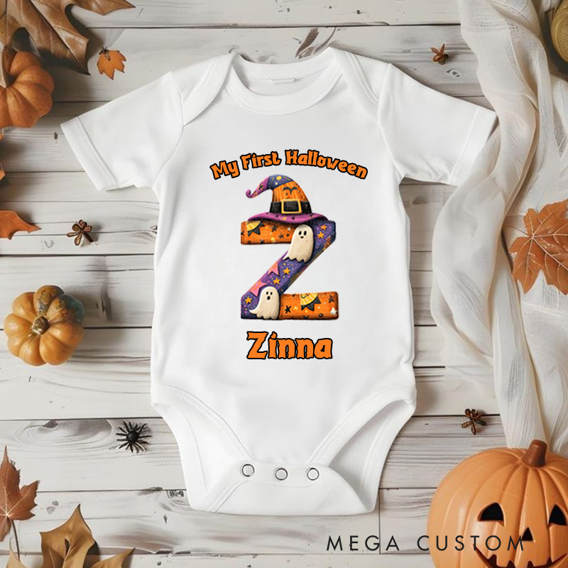 Personalized Baby's Halloween Baby Bodysuit with Initial Letter and Ghosts Design Featuring Name for Festive Charm