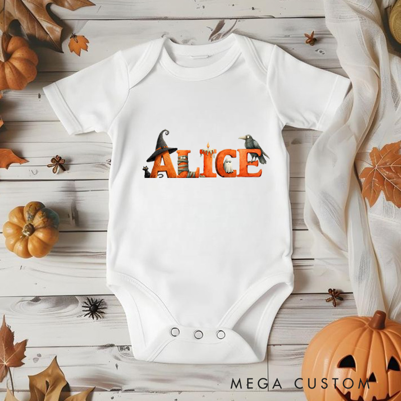 Personalized Halloween Name Baby Bodysuit with Witch Hat and Crow Accents for a Spooky and Fun Celebration