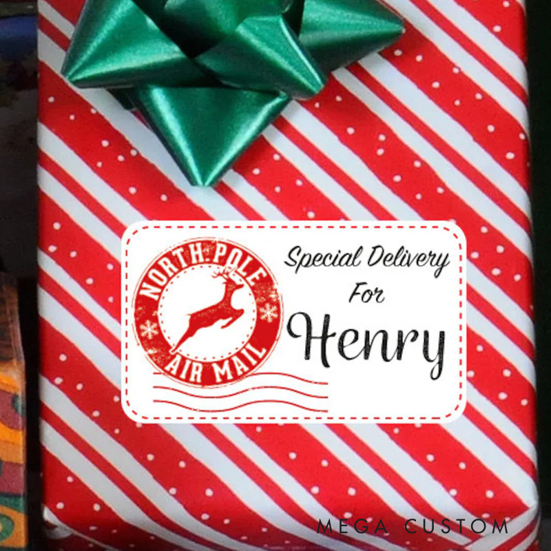 Personalized Special Delivery Gift Sticker with Reindeer Stamp and Custom Name for a Magical Holiday Surprise