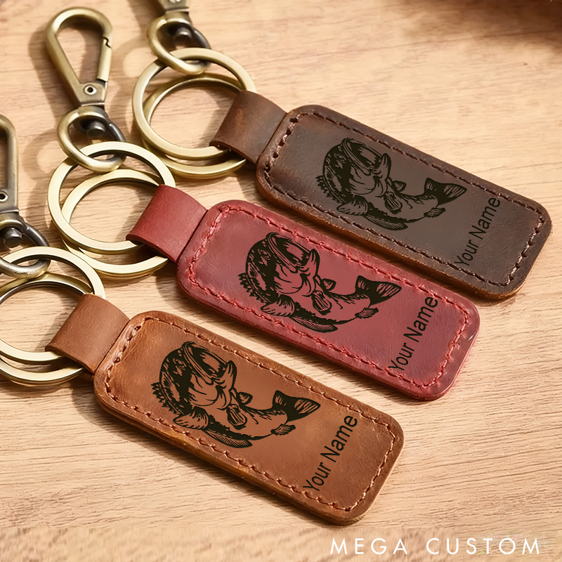 Personalized Engraving Bass Fish Keychain Faux Leather Rectangle Keychain Perfect Gift for Fishing Lover