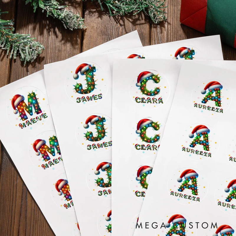 Personalized Santa Hat Color Lights Waterproof Sticker with Initial Name Gift Decoration Christmas Party Gift for Family Kids