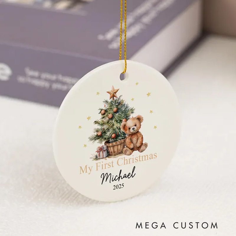 Personalized My First Christmas Ornament with Teddy Bear and Festive Tree Featuring Name and Year for Cherished Memories