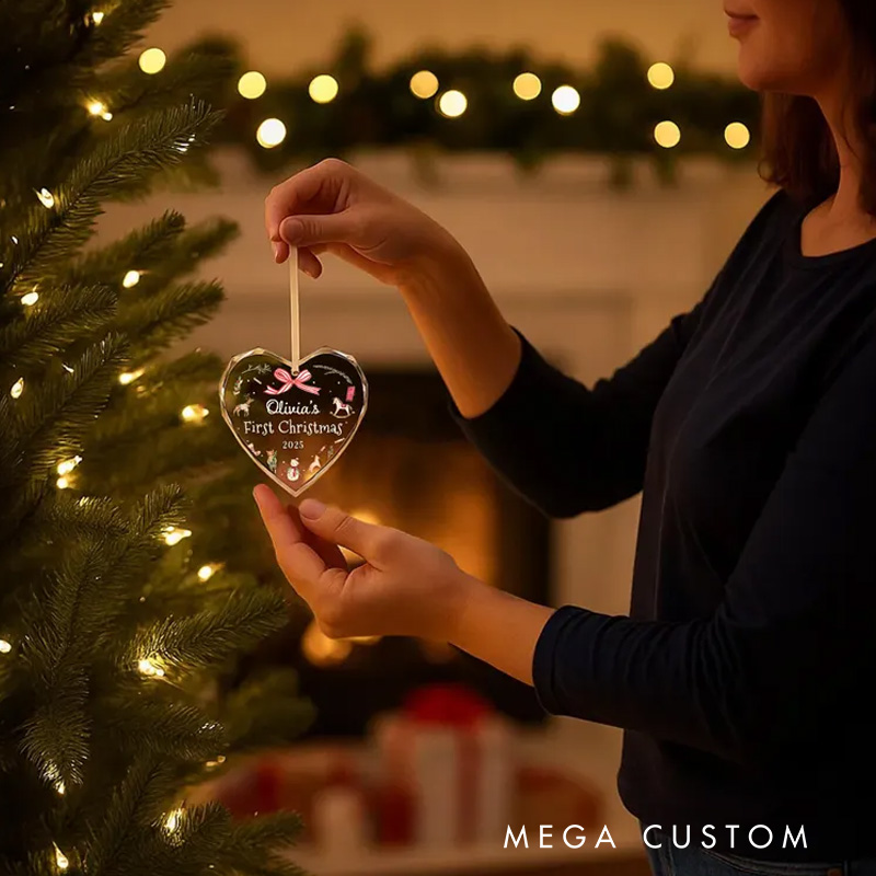 Personalized First Christmas Ornament with Festive Illustrations and Ribbon Featuring Name and Year for Holiday Joy