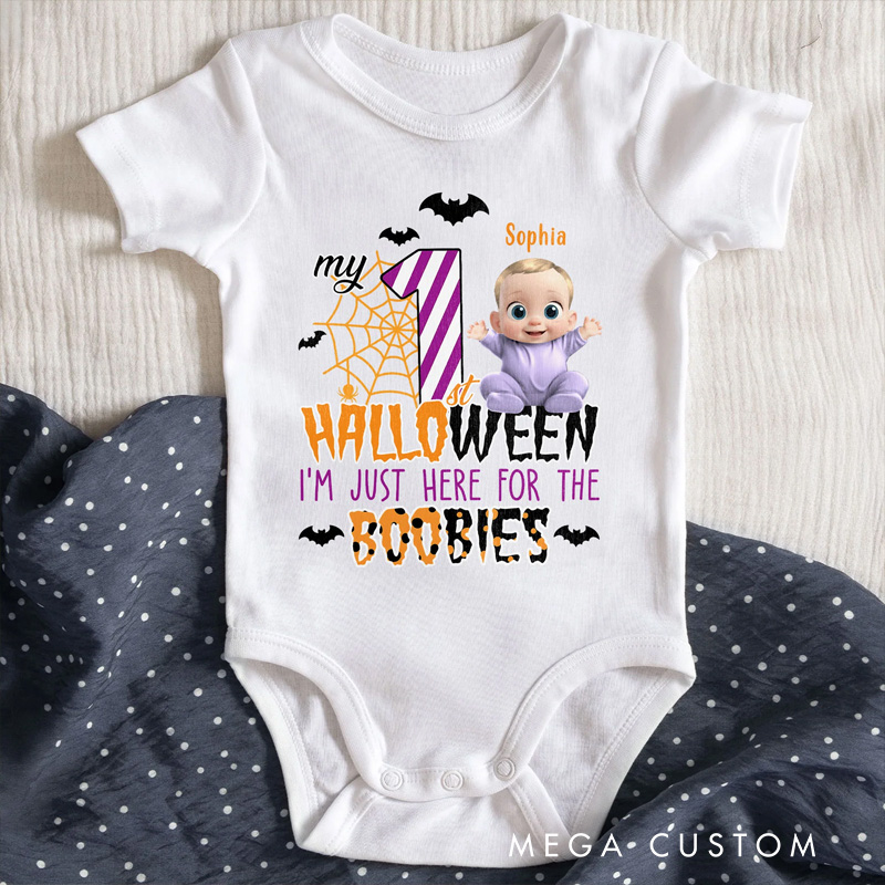 Personalized First Halloween Baby Bodysuit with Cute Character and Fun Message for a Spooky and Adorable Celebration