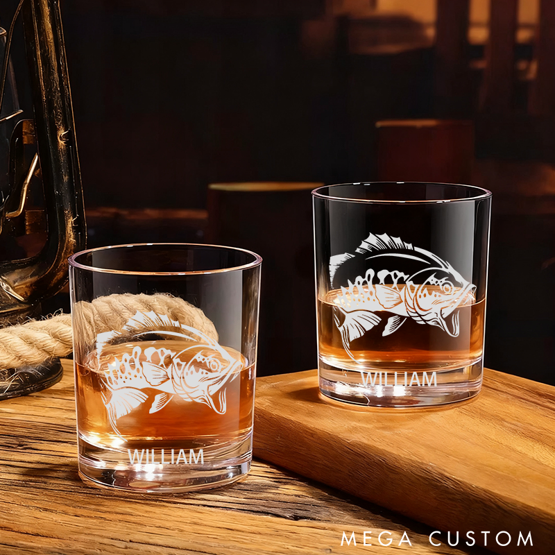 Personalized Sport Fishing Themed Whiskey Wine Cocktail and Beer Etched Fish Glassware Angler Fishermans Gift