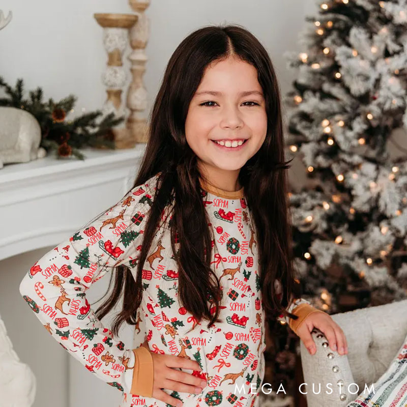 Personalized Holiday Joy Kids Pajamas with Custom Names and Colorful Christmas Patterns for Family Cheer