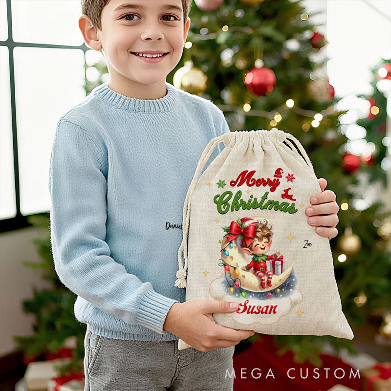 Personalized Merry Christmas Cute Cartoon Elf Canvas Drawstring Gift Bag with Name Christmas Party Favors for Kids Family