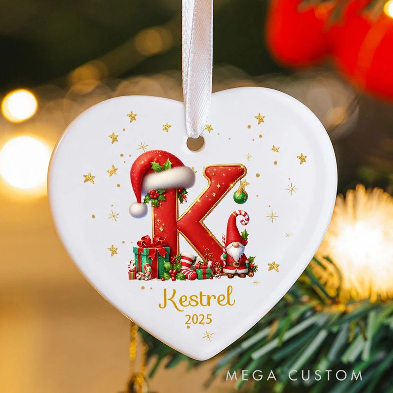 Personalized Candy Cane Santa Holly Initial Ceramic Christmas Ornament with Name and Year Holiday Tree Decor Gift for Kids Family