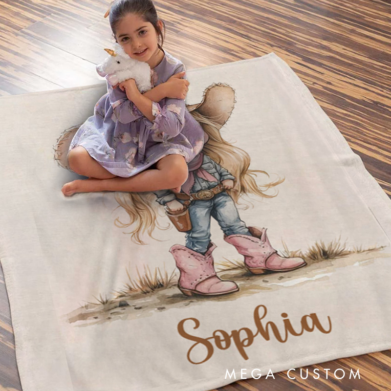 Personalized Cartoon Cowboy Cowgirl Soft Throw Blanket with Name Home Decor Birthday Gift for Kids Cowboy Lovers
