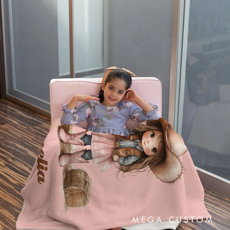 Personalized Cartoon Cowboy Cowgirl Soft Throw Blanket with Name Home Decor Birthday Gift for Kids Cowboy Lovers