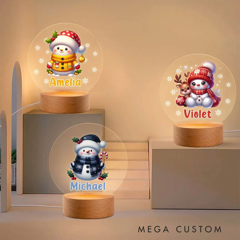 Personalized Snowflake Cute Snowman Christmas LED Night Light with Name and Wooden Base Christmas Gift for Kids