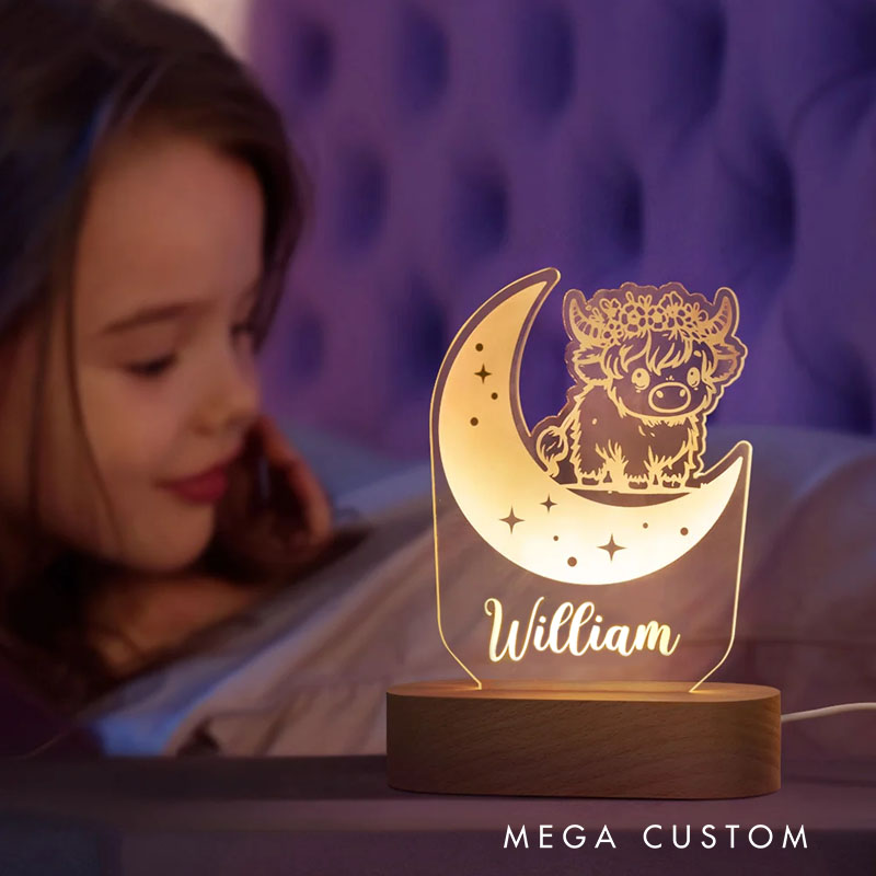 Personalized Cute Highland Cow with Moon Acrylic LED Night Light with Wooden Base Home Decor Baby Shower Gift for Boys Girls
