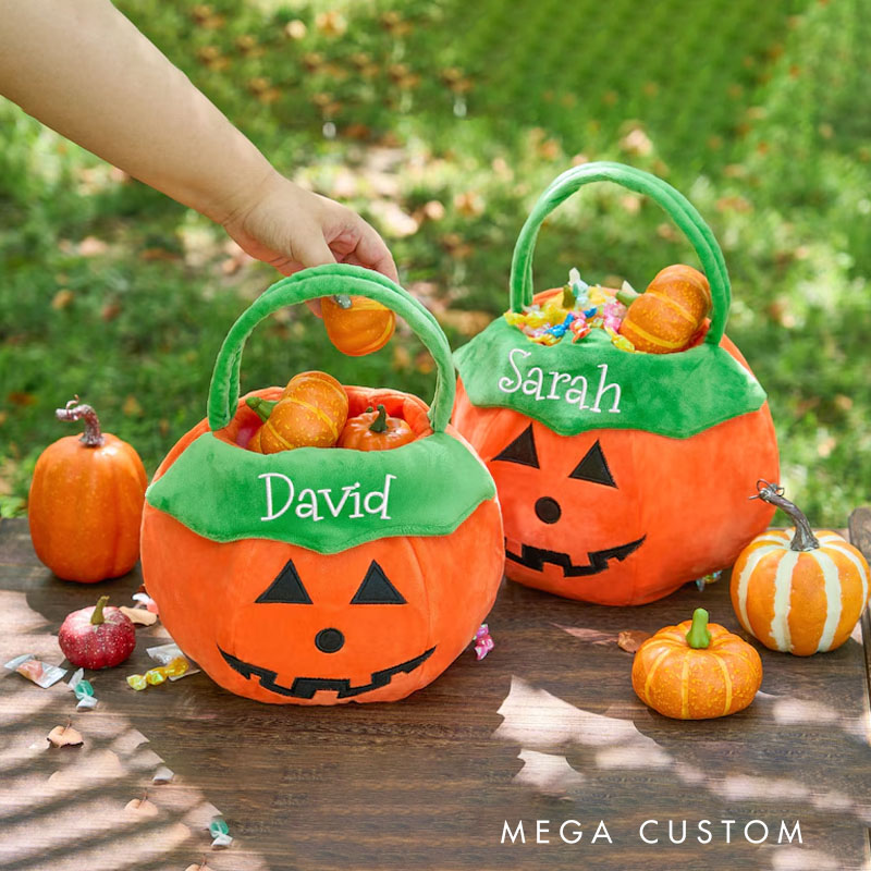 Personalized Embroidered Pumpkin Halloween Treat Basket with Green Handle for Fun Trick or Treat Adventures