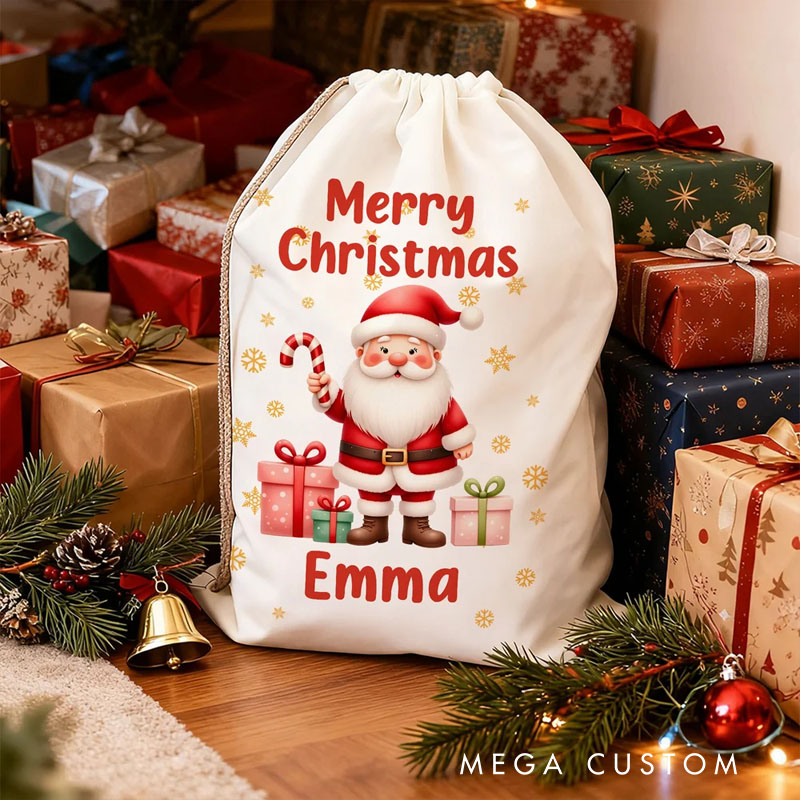 Personalized Cute Cartoon Santa Claus Snowflake Drawstring Christmas Gift Bag with Name Merry Christmas Gift for Kids Family