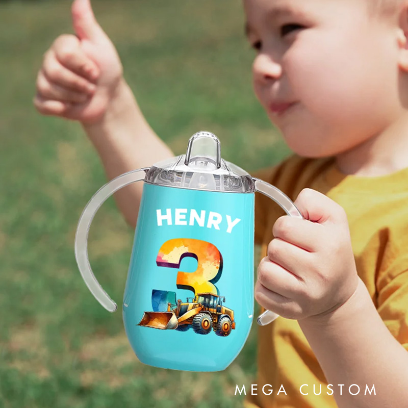 Personalized Fantasy Digital Unicorn Dinosaur Vehicle 10oz Insulated Name Sippy Cup with Lid and Handle Birthday Baby Shower Gift for Toddler Kids