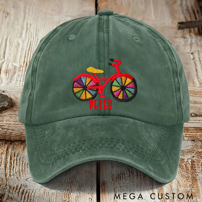 Personalized Rainbow Bicycle Embroidered Hat Colorful Bike Dad Cap Adjustable Black Baseball Cap