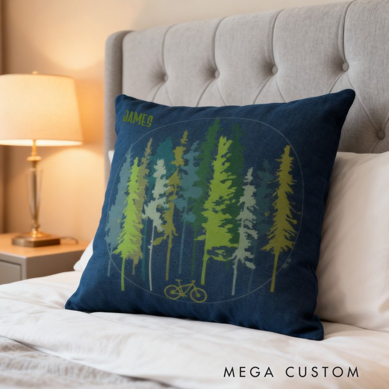 Personalized Pillow for Cycling Lovers Cushion Cover Mountain Bike Forest Stunted Fir Trees