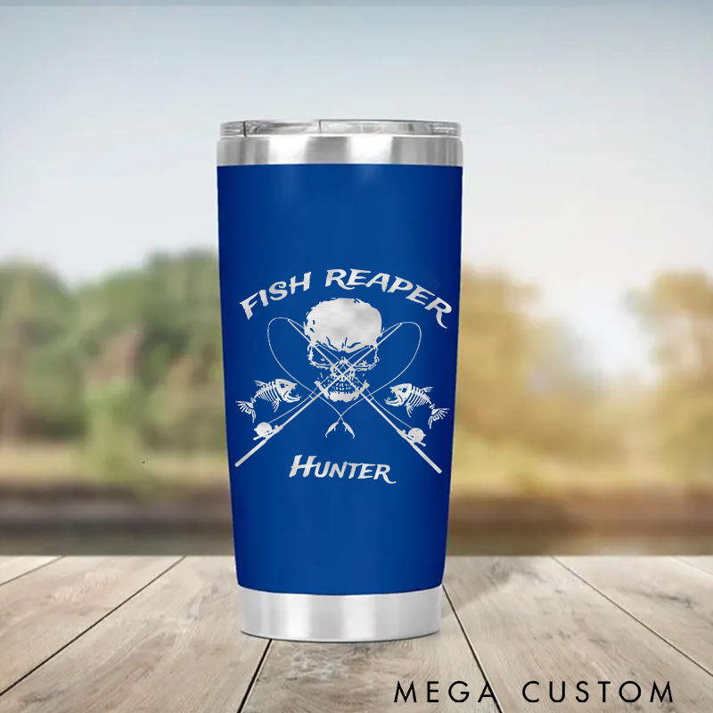 Personalized Fish Reaper Tumbler Stainless Steel Insulated Cup for Fishing Enthusiasts Durable Design Keeps Drinks Hot or Cold Perfect Outdoor Gift