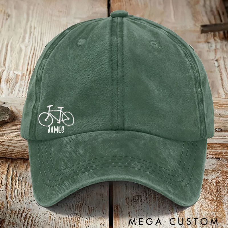 Personalized Embroidered Bicycle Hat Distressed Baseball Cap Small Road Bike In Corner