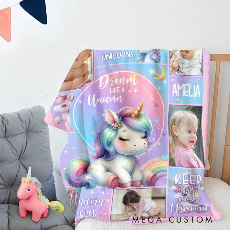 Personalized Fantasy Unicorn Photo Collage Soft Throw Blanket with Name Sofa Decor Baby Shower Birthday Gift for Baby Girls