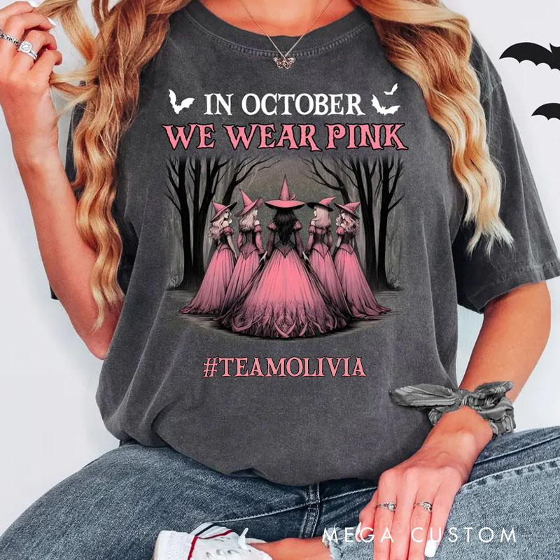 Personalized October Pink Awareness T-Shirt with Witchy Theme and Customizable Hashtag for Support