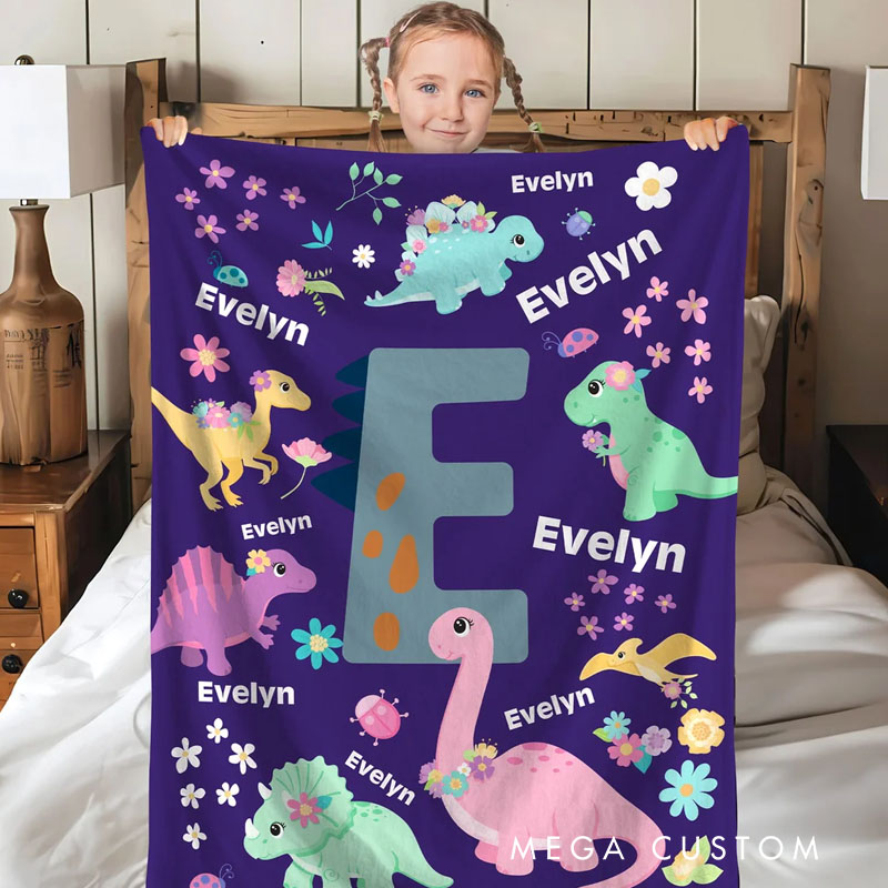 Personalized Cute Dinosaur Soft Throw Blanket with Name and Initial Room Decor Birthday Gift for Boys Girls