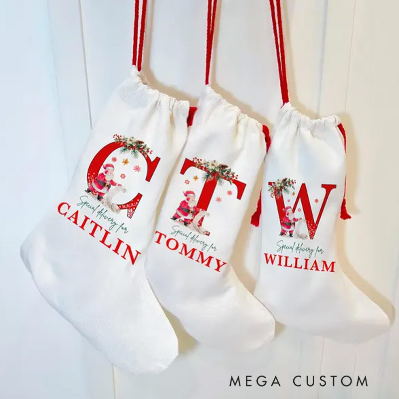 Personalized Initial and Name Christmas Stocking with Festive Floral Accents for Holiday Warmth