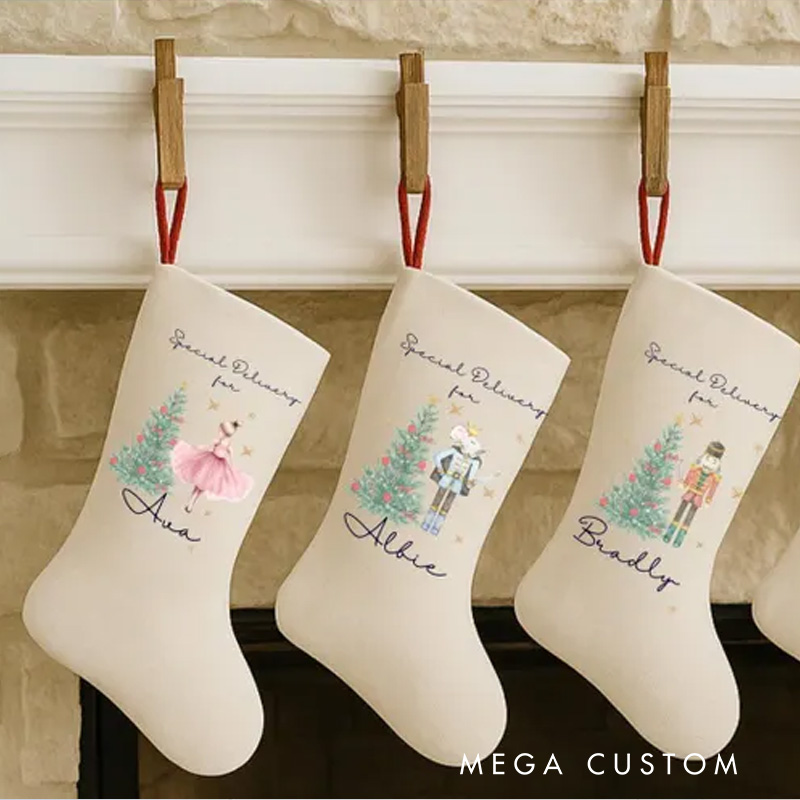 Personalized Nutcracker and Ballerina Christmas Stocking with Custom Name for Elegant Holiday Decor