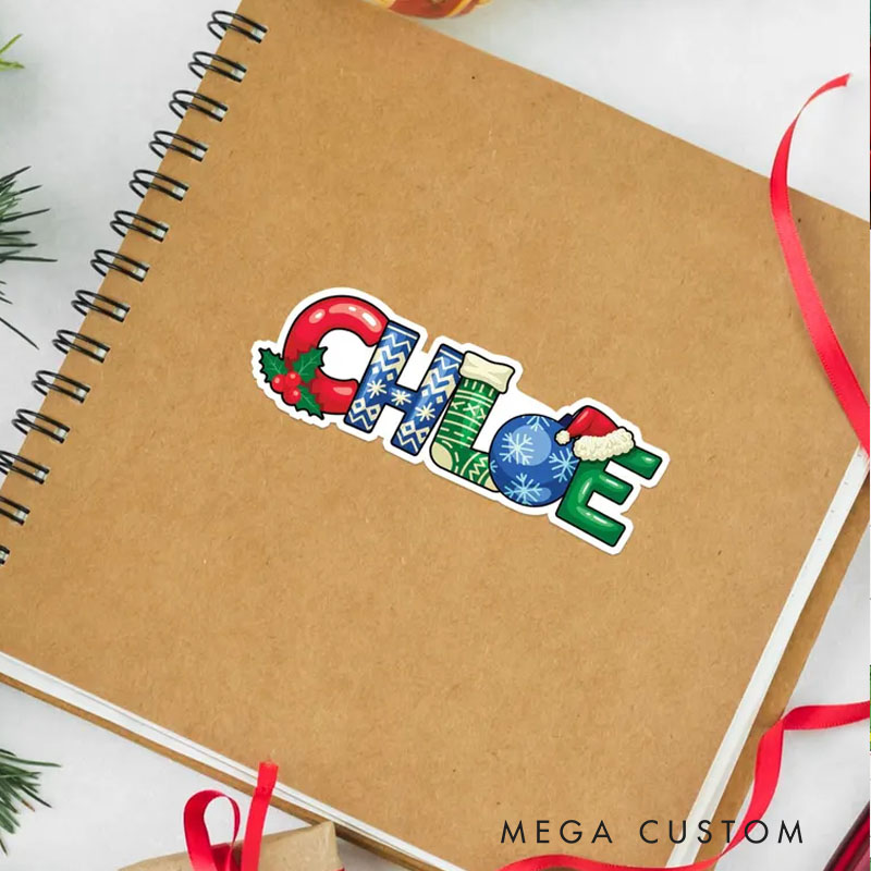 Personalized Festive Name Art Christmas Stickers with Holiday Icons for Unique and Cheerful Seasonal Decor