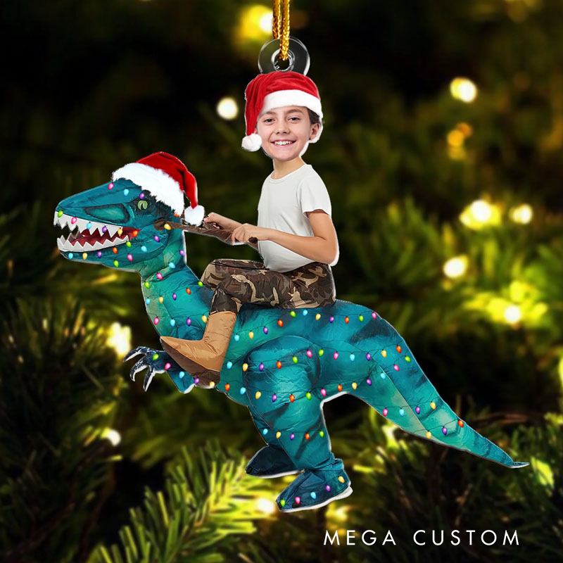 Personalized Dinosaur Ride Photo Christmas Ornament with Santa Hat for Fun and Unique Holiday Celebration