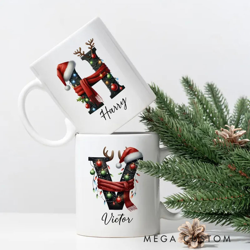 Personalized Holiday Initial Mug with Festive Decorations and Custom Name for a Cheerful and Unique Gift Mug