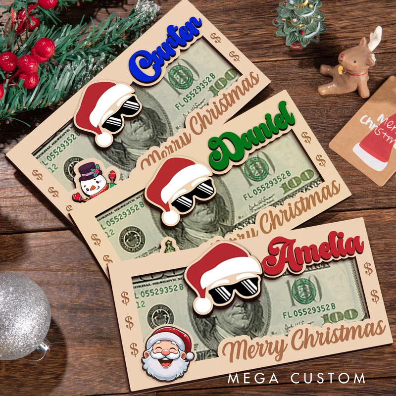 Personalized Santa Claus Hat Wooden Money Holder with Name Unique Money Card Christmas Gift for Kids Family