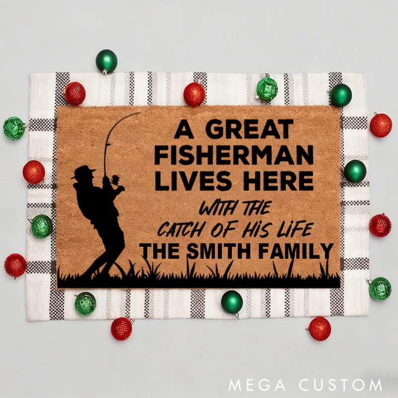 Personalised Doormat A Great Fisherman Lives Here With the Catch of His Life Funny Welcome Mat Dad Grandpa Mat Funny Fathers Day Gift Home Doormat