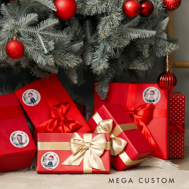 Personalized Moon Floral Santa Hat Cartoon Character Waterproof Stickers Labels with Name Gift Decor Christmas Party Favors for Family Kid
