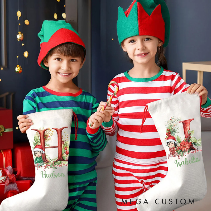 Personalized Floral Initial Cartoon Character Christmas Stocking Gift Bag with Name and Drawstring Reusable Merry Christmas Gift for Family