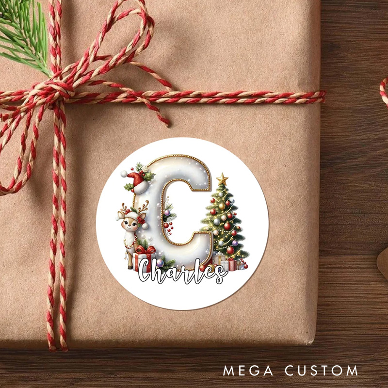 Personalized Christmas Tree Elk Initial Waterproof Stickers Labels with Name Gift Decor Christmas Party Favors for Kids Family