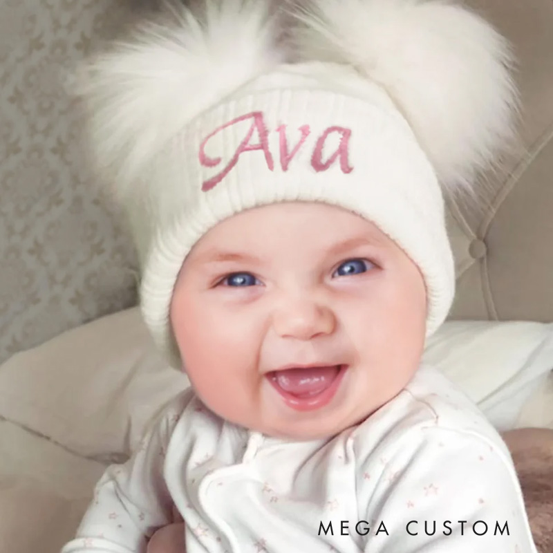 Personalized Double Pom Pom Baby Knitted Winter Hat with Embroidery Name Baby Shower Christmas Day Birthday Gift for Kid Newborn