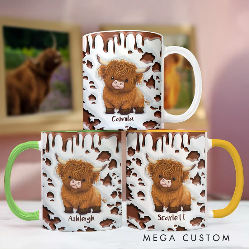 Personalized Ceramic Coffee Mug with Name and Coaster Birthday Gift for Highland Cow Lovers